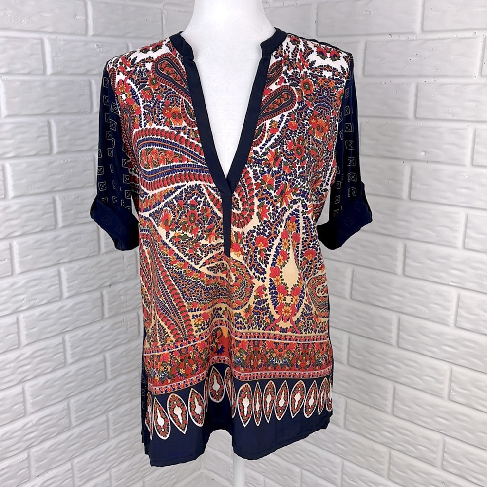 TINY ANTHROPOLOGIE Boho Blouse V Neck 3/4 sleeve with Button Flowy size SM